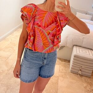 Farm Rio Tropical Leaf Print Ruffle Top
